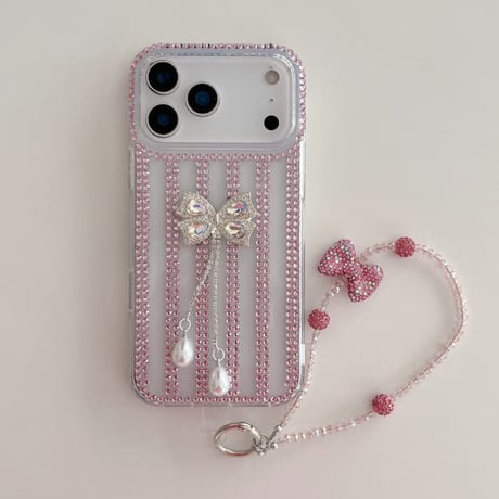 CUTECASE ジュエリー iPhone17Promaxケースフリンジダイヤリボン iPhone16Pro/15/14ース 豪華 リボンストラップ付CM6521