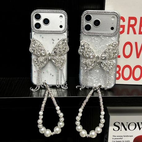 CUTECASE ジュエリー蝶デコ iPhone17Pro/17ケース キラキラ 綺麗 iPhone16Pro/15カバー パールストラップ 女子力高い CM5855