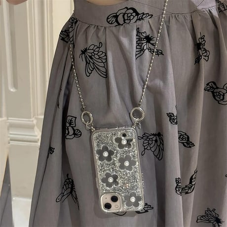 CUTECASE鏡付花 iphone15/15proケース ショルダーチェーン付 アイフォン13/14pro/12カバー キラキラグリッター 可愛いCM4459
