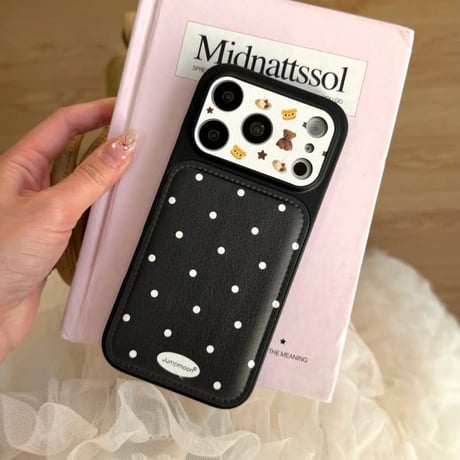 CUTECASE 熊ちゃんカメラカバー iPhone17Pro/17ケース 皮 水玉模様 iPhone17ProMax/16Pro/15カバー ブラック ギフトにおすすめCM6076