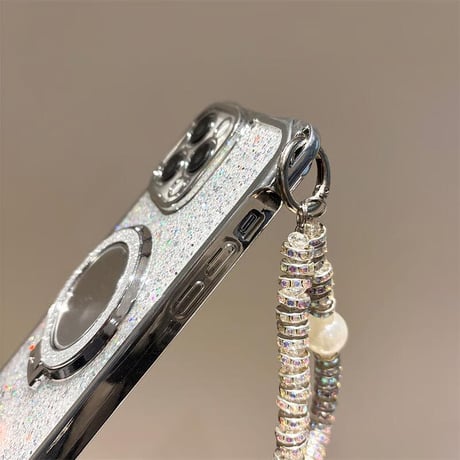 CUTECASE鏡リングスタンド付 iPhone16/16proケース ラメ入り iPhone15pro/14/13カバー バックチャーム/ショルダーストラップ付 CM5394