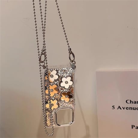 CUTECASE鏡付花 iphone15/15proケース ショルダーチェーン付 アイフォン13/14pro/12カバー キラキラグリッター 可愛いCM4459