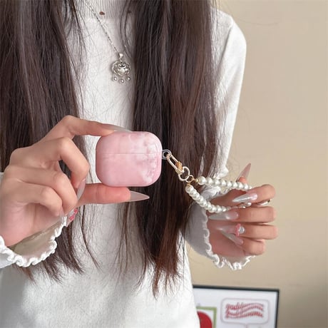 CUTECASEピンクシェル柄 Airpods4ケース パールストラップ AirpodsPro2ケース airpods3/2カバー 大人可愛い 艶感 CM5261