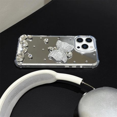 CUTECASE ダイヤリボン鏡 iPhone17/17Proケース キラキラ 豪華 iPhone16pro/15plus/14カバー 四角耐衝撃 CM5554