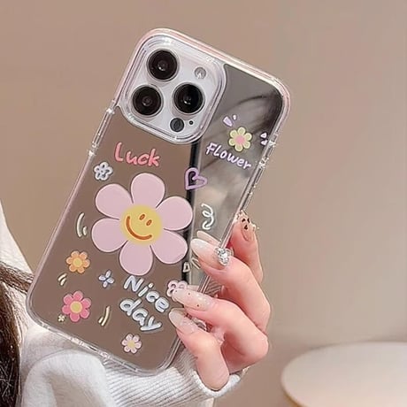 CUTECASE韓国風 iPhone16pro/16ケース 鏡付 にこちゃん回転可花グリップ iphone15pro/14/13proカバー 可愛い スタンド付 夏人気品CM5285