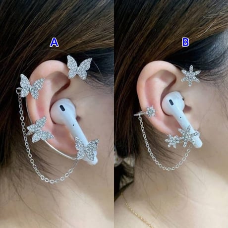CUTECASE ダイヤ蝶/雪花 AirPods用イヤークリップ 落下紛失防止 可愛い イヤホンストラップ ホルダー おしゃれ 人気 2点CM6286