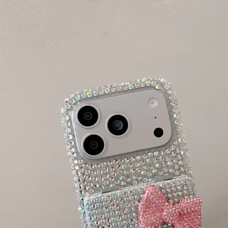CUTECASEダブルミラースタンドiPhone17Promaxケース ダイヤデコ iPhone16Pro/15Pro/14ProMaxケース リボン ストラップ 贅沢CM6379