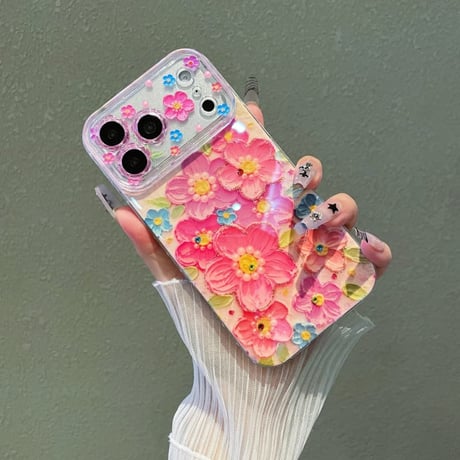 CUTECASE 油絵花 iPhone17Promaxケースストーンライン iPhone16Pro/15/14ケース 光沢感 可愛い 美しいCM6207