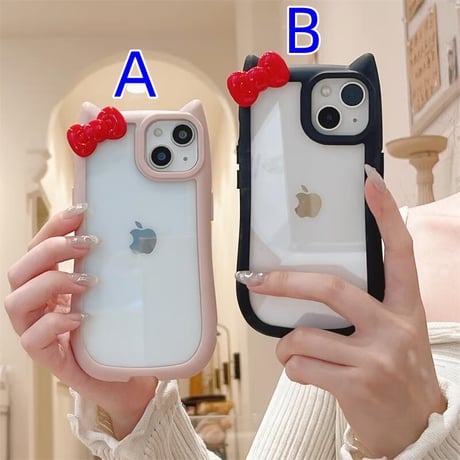CUTECASE 猫の耳 iPhone15/15proケース リボンデコ iphone14promax/13pro/12カバー 可愛い 黄ばまないCM4301