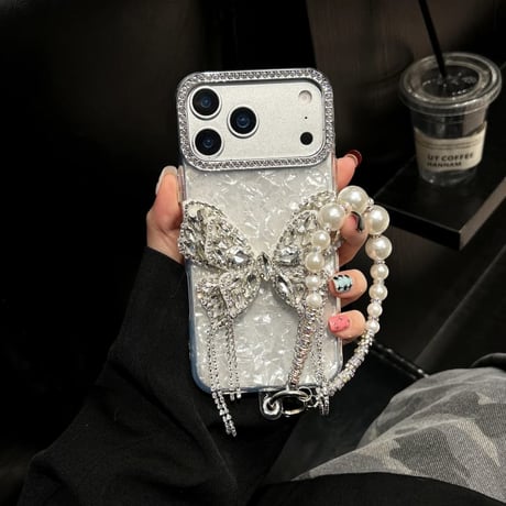 CUTECASE ジュエリー蝶デコ iPhone17Pro/17ケース キラキラ 綺麗 iPhone16Pro/15カバー パールストラップ 女子力高い CM5855