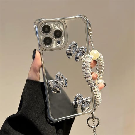 CUTECASE リボン付鏡 iPhone16/16proケース バックチャーム/ショルダーストラップ付 iPhone15pro/14/13カバー 人気アイテムCM5427