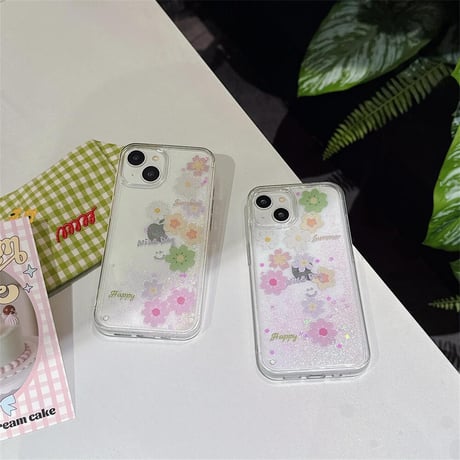 CUTECASE動く花 アイフォン15/15pro/15plusケース キラキララメ入り iPhone14/13pro/12ケース 可愛い 丈夫CM4494