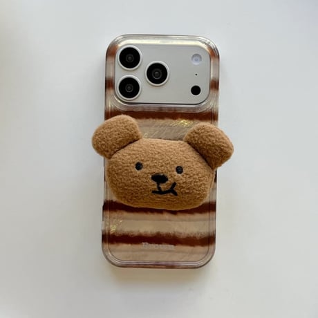 CUTECASE 熊グリップ iPhone17/17Proケース シック縞模様 アイフォン16ProMax/15Pro/14カバー スタンド機能 可愛いCM5912