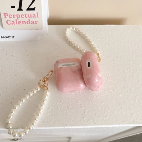 CUTECASE ピンク大理石調 AirpodsPro3ケース 光沢感 Airpods4/3/Pro2カバー Airpods第3/2世代 真珠ストラップ オシャレCM6345