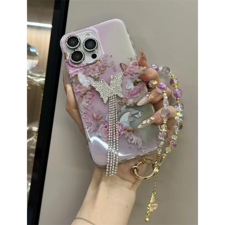 CUTECASEフリンジ付蝶 iPhone16/16proケース ダイヤデコ エレガント iPhone15pro/14/13proカバー 可愛いストラップ おしゃれ CM5414
