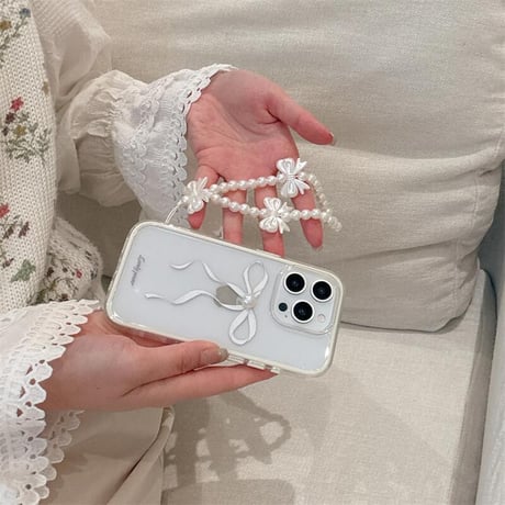 CUTECASE立体パールデコリボン iPhone16Pro/16ケース パールストラップ iPhone15Pro/14/13proカバー 大人可愛い 高級感 CM5205