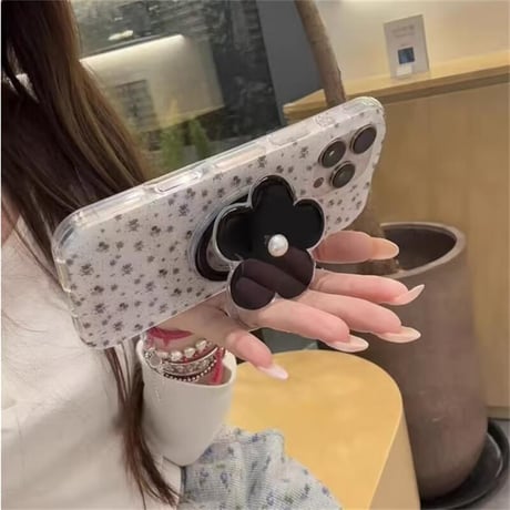CUTECASE 黒花グリップ iPhone16pro/17ケース MagSafe充電 iPhone15/14promaxカバー パール オシャレ 大人可愛い CM5653