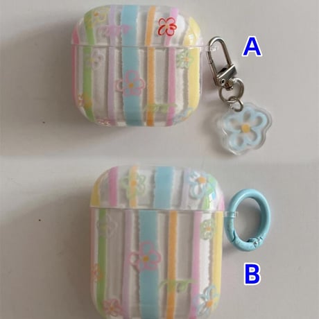 CUTECASE韓国風 エアポッズ4ケース 花柄 縞模様 Airpods3/Pro2ケース airpodspro2カバー キーチェーン付 ギフトにおすすめCM5390