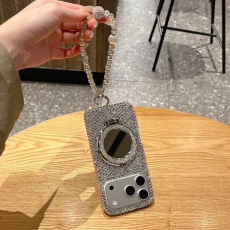 CUTECASE ジュエリーデコ iPhone17Pro/17ケース ミラーリングスタンド iPhone16/15promax/14/13proカバー ストラップCM6026