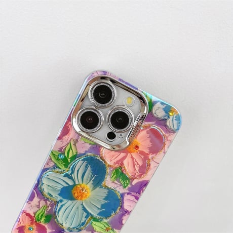 CUTECASE油絵の花 iPhone15Pro/15カバー お洒落ストラップ付 アイフォン14プロ/13/12ケース 光る 女子力アップ CM4555
