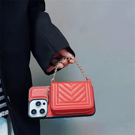 CUTECASEカード/小物入れ付 アイフォン15プロ/15ケース レザー ショルダーチェーン付 iPhone14pro/13/12promaxカバー 高級感 セレブ愛用CM4253