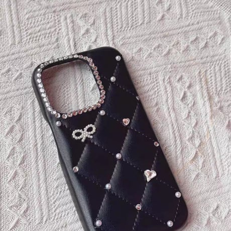 CUTECASEダイヤ/リボンデコ iPhone17ProMax/17Proケース キルティングレザー iPhone17/16Pro/15ケース セレブ愛用 高透明CM5737