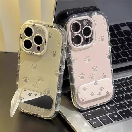 CUTECASE鏡付スタンド iPhone16ro/16Plusケース 猫の爪 iPhone15pro/14/SEカバー かわいい 淡色系 CM5473