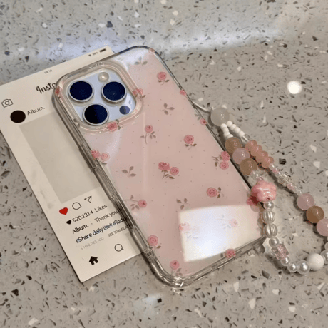 CUTECASE花鏡付 iPhone16/16proケース 薔薇柄 ストラップ付 アイフォン15pro/14/13proケース 大人可愛い 女子力UP 多機能CM5108