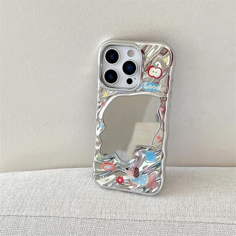 CUTECASE 犬ちゃんミラー iPhone16pro/16ケース シルバー iPhone15pro/14/13promaxカバー 大人可愛い メイク直し鏡CM5522