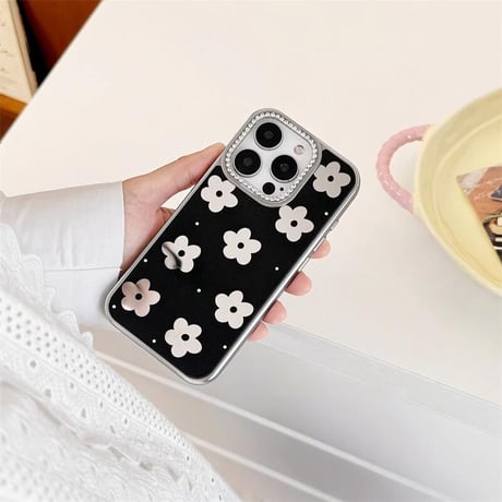 CUTECASE鏡付花 iPhone16pro/16ケース ジュエリー リボンチャーム iphone15pro/14/13proカバー 大人可愛い 女子力高いCM5188