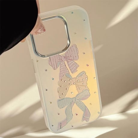 CUTECASEリボン柄 光るiPhone16pro/17ケース ダイヤデコ iPhone15pro/14/13カバー シック 可愛い CM5599