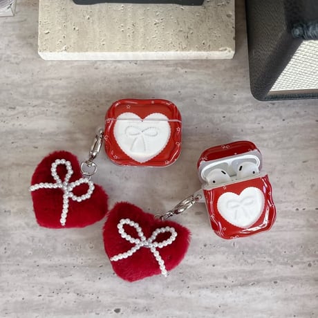 CUTECASE ハート形とリボン柄 AirPods Pro 3ケース ワインレッド 毛玉キーホルダー Airpods 4/3ケース AirpodsPro2カバー パール 女子力アップCM5997