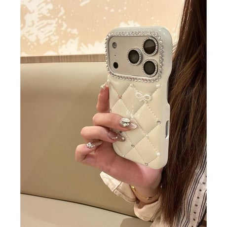 CUTECASEダイヤ/リボンデコ iPhone17ProMax/17Proケース キルティングレザー iPhone17/16Pro/15ケース セレブ愛用 高透明CM5737