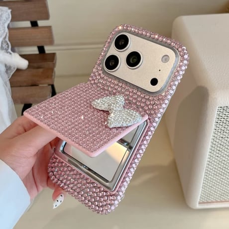 CUTECASEダブルミラースタンドiPhone17Promaxケース ダイヤデコ iPhone16Pro/15Pro/14ProMaxケース リボン ストラップ 贅沢CM6379