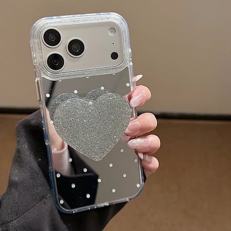 CUTECASE水玉模様ミラー iPhone17pro/17ケース ラメ入りハートグリップ iPhone16/15pro/14ケース 女子力高いCM6118