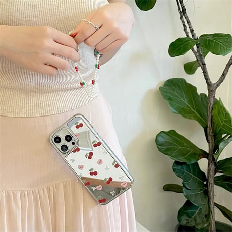 CUTECASEサクランボ 鏡 iPhone15/15proケース パールストラップ付 アイフォン14/13pro/12ケース かわいい 夏に人気CM4389
