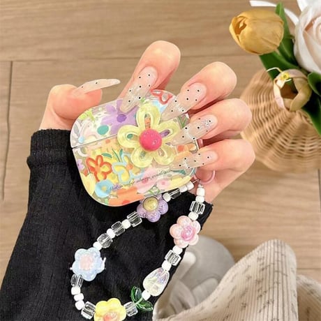CUTECASE 綺麗花柄 Airpods4ケースカバー 花ストラップ付 AirpodsPro2ケース airpods3/2ケース 可愛い ギフトにおすすめCM5548