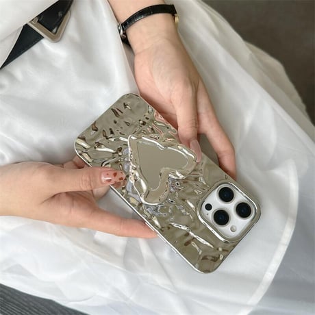 CUTECASE しわ模様 iPhone17/16proケース ハート型ミラー付グリップ付 iPhone15promax/14proケース ジュエリーストラップ 高機能CM5640