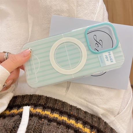 CUTECASE磁気二重層グリーンストライプフットボールネットブラケットiphone16PromaxケースiPhone16case C6031