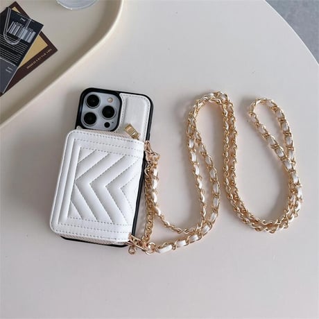 CUTECASEカード/小物入れ付 アイフォン15プロ/15ケース レザー ショルダーチェーン付 iPhone14pro/13/12promaxカバー 高級感 セレブ愛用CM4253