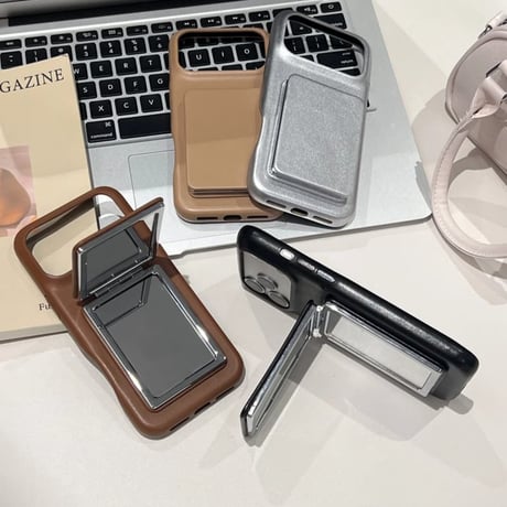 CUTECASE スタンド付ミラー iPhone17pro/17ケース 革製 メイク直し鏡付 iPhone16ProMax/15/14カバー 耐衝撃 多機能CM6032