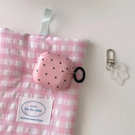 CUTECASEハート柄 Airpods 4ケース リボンキーホルダーとリング付 Airpods3/Pro2ケース airpodsproカバー 可愛い 女子力高いCM5093