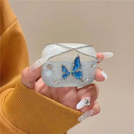 CUTECASEダイヤデコ Airpods 4ケース ブルー蝶 Airpods3/Pro2ケース airpodsproカバー 上品ストラップ付 高級感高品質CM5156
