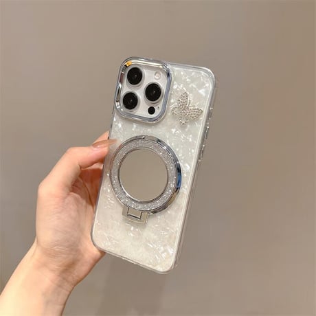 CUTECASE鏡リングスタンド iPhone17/17proケース ジュエリー蝶シェル風 iPhone16pro/15/14proカバー オシャレストラップ 多機能 CM5603