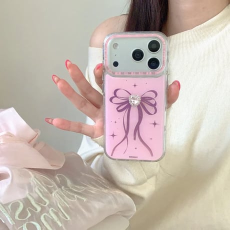 CUTECASE ピンクハートダイヤ iPhone17Pro/17ケース リボン柄 iPhone17Promax/16Pro/15ケース キラキラ かわいいCM6141