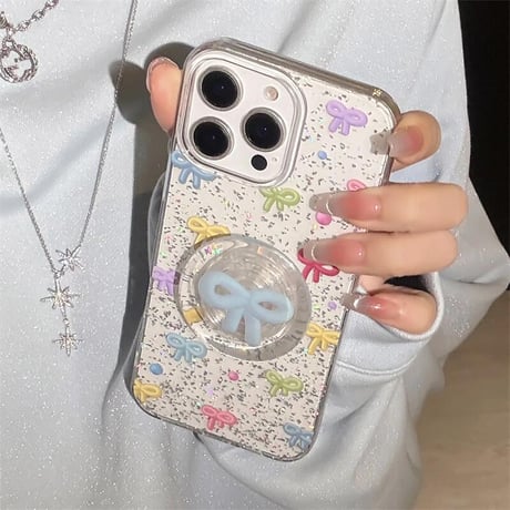 CUTECASE大人可愛い iPhone16/16proケース リボン グリップ付き iPhone14/13pro/12proカバー ラメ入り キラキラCM5164