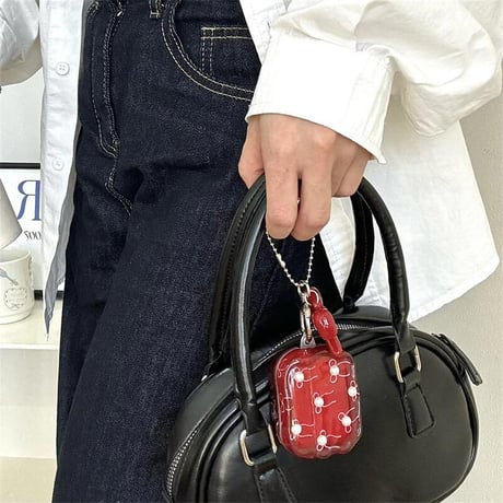 CUTECASEワインレッド Airpods4ケース パールリボン Airpods3/Pro2ケース airpodspro2カバー キーチェーン付 女子力高い 上品CM5119