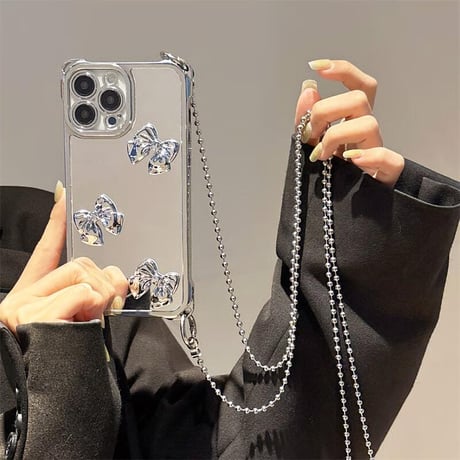 CUTECASE リボン付鏡 iPhone16/16proケース バックチャーム/ショルダーストラップ付 iPhone15pro/14/13カバー 人気アイテムCM5427