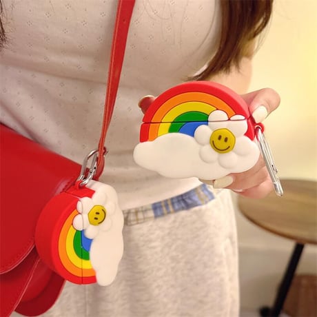 CUTECASE虹/笑顔の花 Airpods4ケース 可愛い AirpodsPro2ケース airpods3/2カバー リング付き ギフトにおすすめ シリコンCM5451