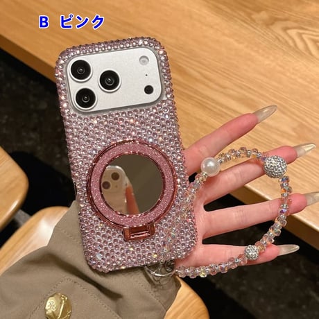 CUTECASE ジュエリーデコ iPhone17Pro/17ケース ミラーリングスタンド iPhone16/15promax/14/13proカバー ストラップCM6026